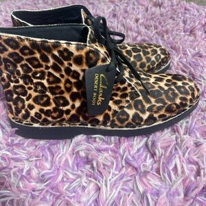 Clarks Leopard Print Desert Booties in Brown and Black